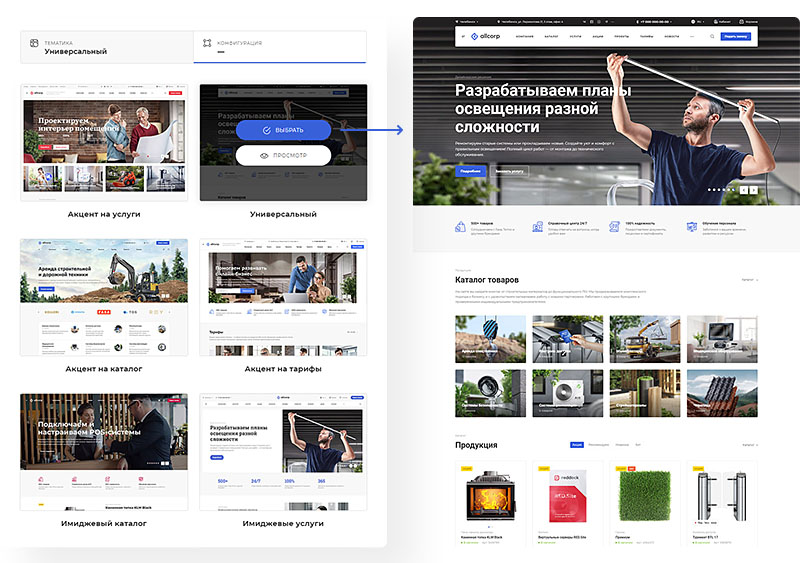 Готовая тематика — это не просто товары, картинки и тексты, а отдельная разработка. Для выпуска мы провели аналитику рынка, разобрались в отрасли и продумали каждую деталь: от структуры сайта, целей посадочных страниц до настроек каталога, главной и детальных страниц.